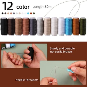 May include: A set of 12 spools of thread in various colors, each spool is 50 meters long. The thread is displayed on a white background. The text "12 color Length: 50m" is visible above the spools.