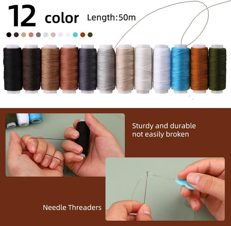 May include: A set of 12 spools of thread in various colors, each spool is 50 meters long. The thread is displayed on a white background. The text "12 color Length: 50m" is visible above the spools.