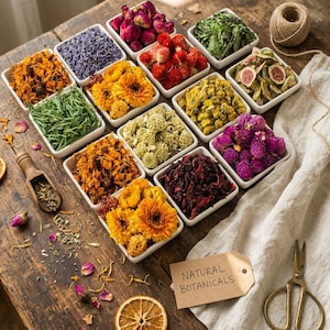 Pode incluir: Uma coleção de tigelas quadradas brancas preenchidas com várias flores e ervas secas, incluindo lavanda, botões de rosa, calêndulas e hibisco. Uma colher de madeira, um novelo de barbante, tesouras de metal e uma etiqueta NATURAL BOTANICALS.