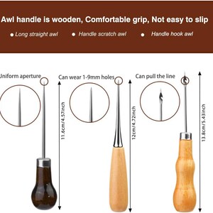 May include: Three leather awls with wooden handles. The awls are labeled "Long straight awl", "Handle scratch awl", and "Handle hook awl". The awls are 11.6 inches, 12 inches, and 13.8 inches long.