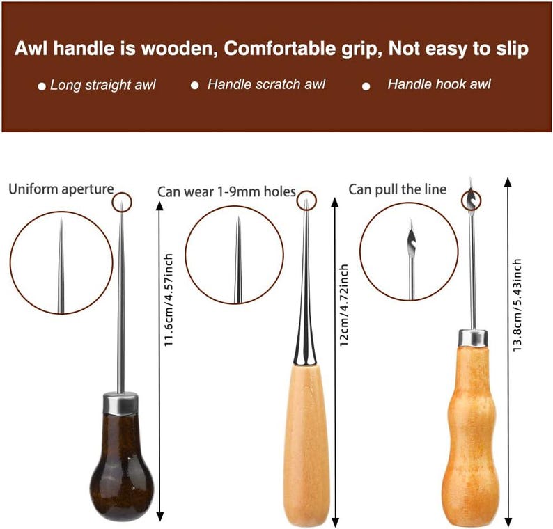 May include: Three leather awls with wooden handles. The awls are labeled "Long straight awl", "Handle scratch awl", and "Handle hook awl". The awls are 11.6 inches, 12 inches, and 13.8 inches long.