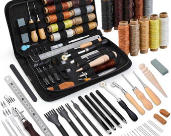 Leather Working Tools Kit, Leather Craft Supplies with Waxed Thread, Stitching Groover,Needles Accessories for Sewing,Punching & DIY Project