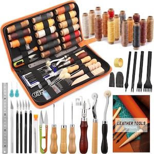 May include: A set of leather working tools in an orange case with a variety of tools including awls, punches, needles, and thread. The case also includes a ruler, a thimble, and a small manual labeled "Leather Tools Manual".