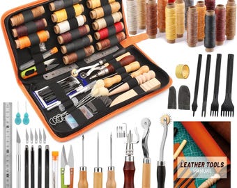 Professional Leather Craft Tool Kit, 66 Pcs Hand Sewing Repair Kit Wax Thread Stitching Punch Set, Leathercraft Beginner or Adults Gifts