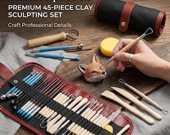 Premium Pottery Sculpting Tool Set, 48PCS Pottery Tools for Sculpting, Clay Ceramic Modelling Wooden Metal Handle, Clay Tool Kit for Carving
