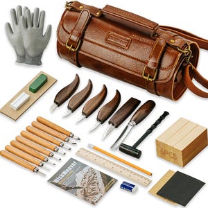 Conjunto de 33 peças para entalhe em madeira, incluindo facas, blocos de madeira de tília e bolsa de couro.