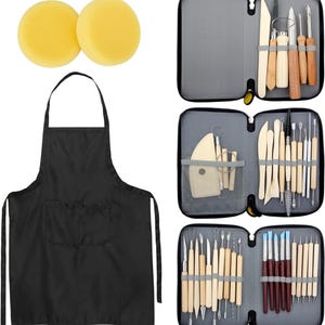 May include: A black apron, two round yellow sponges, and three zippered cases containing a variety of pottery and sculpting tools. The tools feature wooden handles and metal tips, organized in elastic loops within the grey-lined storage cases.