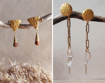 Set aus 2 Paar goldenen Ohrringen, baumelnden Ohrringen aus rohem Quarz und braunem Goldfluss, Boho-Schmuckset aus Holz und Kokosnuss, Edelstahlstecker