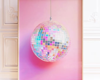 Impresión de bola de discoteca plateada, decoración de habitación rosa pastel (descarga digital)