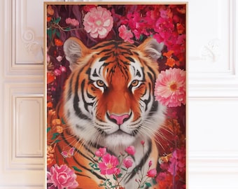 Estampado floral de tigre, decoración maximalista colorida (descarga digital)