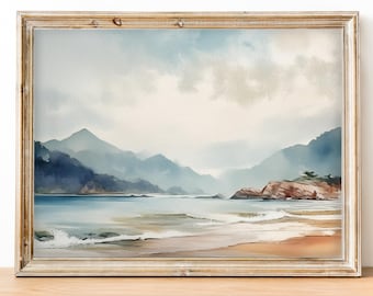 Impresión artística de paisaje costero de playa con vista a la montaña (descarga digital)