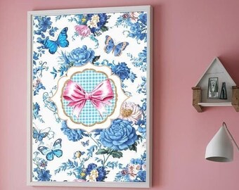 Lámina floral con lazo rosa, decoración de habitación preppy y coqueta (descarga digital)