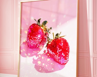 Lámina artística de fresa con bola de discoteca / Decoración de cocina moderna (Descarga digital)