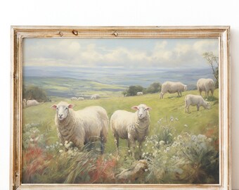 Impresión de pintura al óleo de oveja vintage, arte mural rústico de granja (descarga digital)