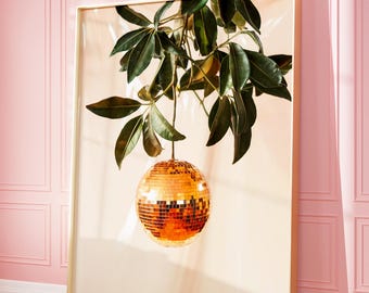 Lámina artística de naranjas con bola de discoteca glamurosa / Decoración de cocina preppy (descarga digital)