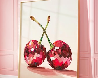 Lámina artística de cerezas disco / Decoración de pared maximalista y preppy (descarga digital)
