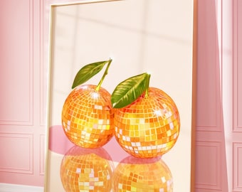 Lámina artística de bola de discoteca naranja / Decoración de cocina preppy (Descarga digital)