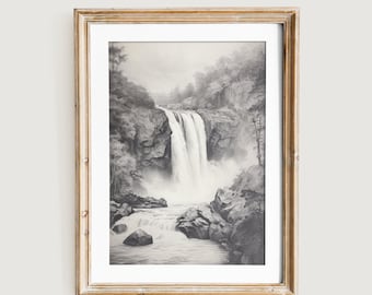 Impresión artística de un boceto de cascada / Dibujo lineal de un paisaje al carboncillo (descarga digital)