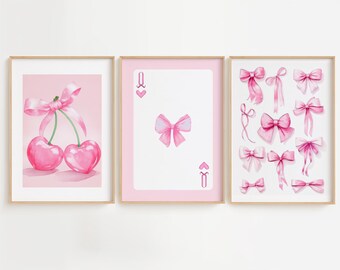 Láminas de pared con lazo rosa y cerezas, Coquette Decor (descarga digital)