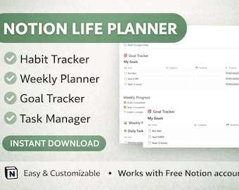 Planificador de vida Notion: Panel de control de hábitos, objetivos y seguimiento semanal (descarga digital)