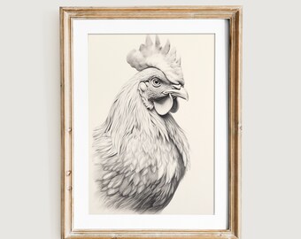 Impresión de boceto de gallo vintage / Arte mural de estilo rústico (descarga digital)