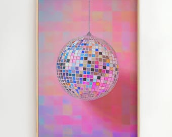 Lámina artística de bola de discoteca rosa, decoración para dormitorio con dopamina (descarga digital)