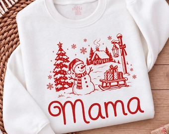 Camiseta navideña para mamá, camiseta navideña vintage personalizada con muñeco de nieve, conjunto navideño familiar, regalo de Navidad para mamá.