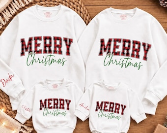 Sudaderas navideñas familiares personalizadas, camisetas a juego de cuadros con la frase "Feliz Navidad", suéteres navideños para madre e hija.