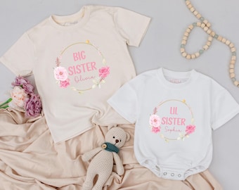 Camisetas a juego para hermanas (mayor y menor), conjunto personalizado a juego para hermanas, estampado floral retro para hermanas (mayor y menor), ropa para bebés niñas