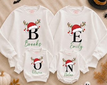 Sudadera navideña personalizada con inicial, sudadera con monograma navideño, conjunto familiar de invierno a juego, ropa para el grupo navideño.