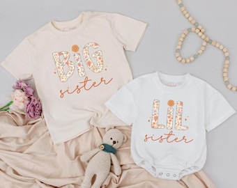 Camisetas a juego con estampado floral retro para hermana mayor y hermana menor, camiseta personalizada para hermana mayor, conjuntos a juego, anuncio de bebé, ropa para niñas.