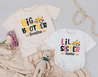Personalized Big Sister Little Brother Construction Truck Shirts, Construction Outfit, Truck Theme Sibling Shirt, Sibling Announecement