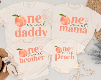 Camiseta de cumpleaños de One Sweet Peach, atuendo para el primer cumpleaños, fiesta de cumpleaños de Peach, primer cumpleaños de Peach, camisetas para mamá y yo, cumpleaños familiar a juego