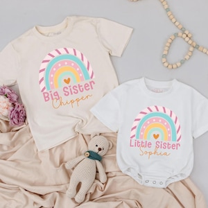 Personalized Big Sister and Little Sister Rainbow Shirts – Custom Name Sibling Outfit, Baby Name Romper, Matching Sister Announcement Gift