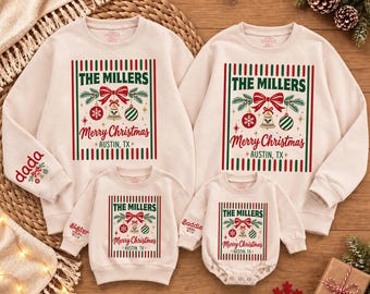 Sudaderas navideñas familiares personalizadas, conjuntos navideños con nombres personalizados, camisetas navideñas familiares
