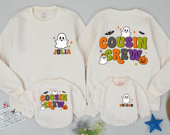 Personalized Cousin Halloween Sweatshirt, Ghost Pumpkin Crewneck, Matching Family Fall Outfit, Spooky Cousins Matching Outfit
