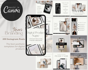 Puede incluir: Una colección de 100 plantillas de publicaciones de Instagram para productos digitales. Las plantillas presentan una estética minimalista con acentos en blanco y negro. El texto "Your Branding" y "Digital Product Name" aparecen en la imagen.