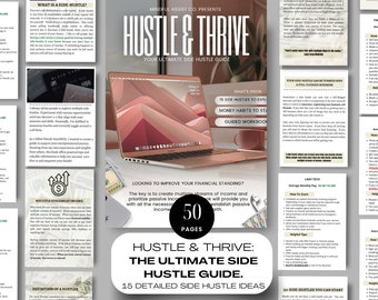 Könnte beinhalten: Ein rosa-weißer digitaler Leitfaden mit dem Titel "Hustle & Thrive: The Ultimate Side Hustle Guide" mit einem Laptop im Hintergrund. Der Leitfaden enthält 15 Ideen für Nebenjobs, Geldgewohnheiten zum Starten und ein Arbeitsbuch.