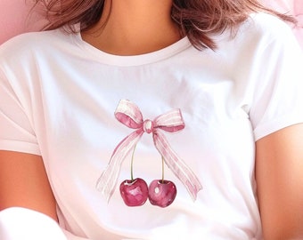 Coquette Pink Bow Cherry shirt, Coquette Cherry tshirt Cute Coquette Aesthetic tee, Trendy girly girl gift, Soft girl gift, cherry t-shirt