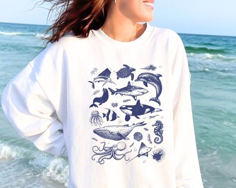 Retro Sea Animal shirt, Vintage Sea life sweatshirt, ocean fish shirt, ocean lover gift, whale, dolphin, seal, sea turtle, shark, orca shirt