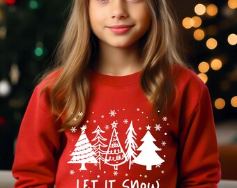 Kids Let It Snow Christmas Tree Snowflake Sweatshirt, Girls holiday sweater, Christmas Gift for girl,  Child Winter Snow shirt