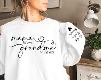 Aangepast oma-sweater met kindernamen op mouw, gepersonaliseerd moederdagcadeau, grootmoedercadeau, omacadeau, cadeau voor moeder