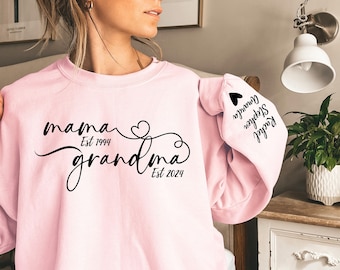 Aangepast oma-sweater met kindernamen op mouw, gepersonaliseerd moederdagcadeau, omacadeau, omashirt, cadeau voor moeder