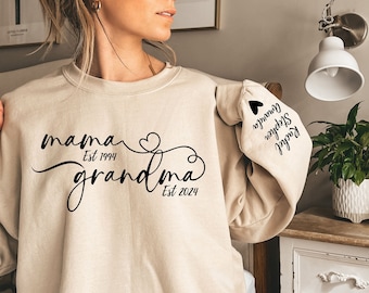 Aangepast oma-sweater met kindernamen op mouw, gepersonaliseerd moederdagcadeau, grootmoedercadeau, cadeau voor oma, cadeau voor moeder