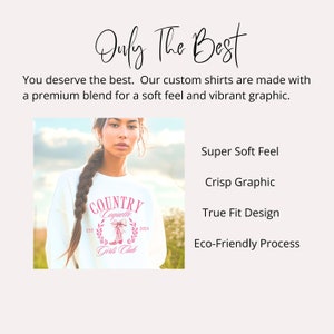 May include: White crew neck sweatshirt with a pink graphic print that says "COUNTRY Coquette Girls Club" with a pink boot and floral design. The text "EST 2024" is also printed on the graphic.