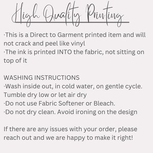 May include: Washing instructions for a garment printed item. The text explains that the item is printed directly onto the fabric, not on top of it. It also includes instructions for washing, drying, and ironing the garment.