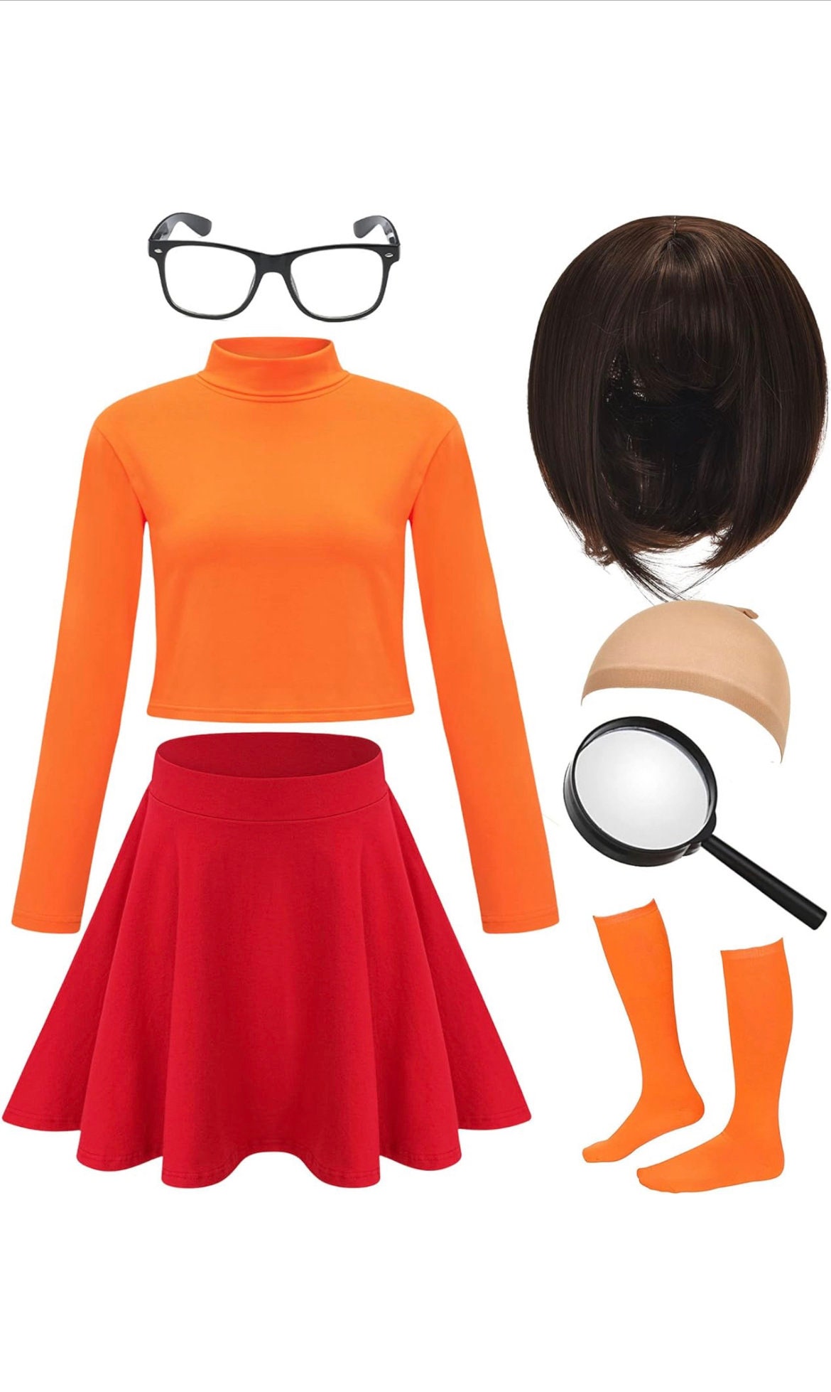 Women Velma Costume Adult Halloween Costume Cosplay Outfit with Bob Wig,  Red Skirt, Shirt, Glasses, Magnifier, Socks OU060XXL - Yahoo Shopping