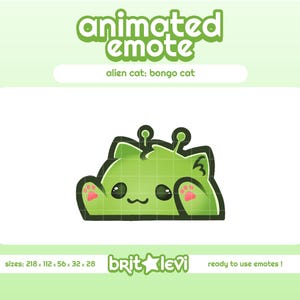 Könnte beinhalten: Ein grünes animiertes Emote einer Alien-Katze mit rosa Pfoten und einem lächelnden Gesicht. Der Text "animated emote" und "alien cat: bongo cat" stehen oben. Der untere Teil des Bildes enthält den Text "brit levi" und "ready to use emotes!"