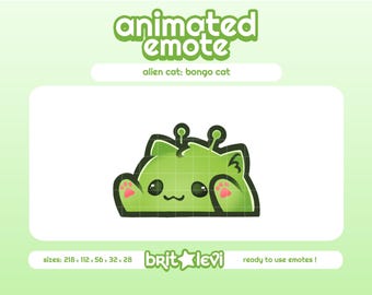Puede incluir: Un emote animado verde de un gato alienígena con almohadillas rosas y una cara sonriente. El texto "animated emote" y "alien cat: bongo cat" están en la parte superior. La parte inferior de la imagen incluye el texto "brit levi" y "ready to use emotes!"