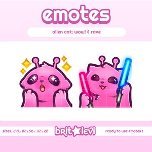 Puede incluir: Emoticonos de gato alienígena rosa con el texto "emotes" y "alien cat: wow! & rave". Un emoticono tiene estrellas brillantes, el otro sostiene sables de luz rosas y azules. La imagen incluye el texto "brit levi" y "ready to use emotes!"